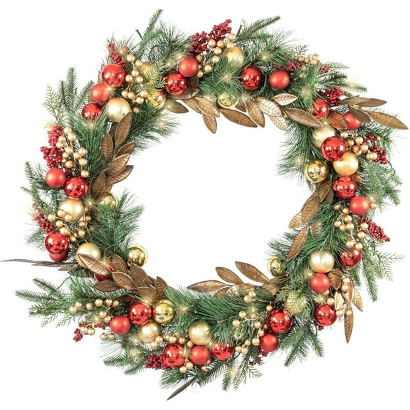 Red Co 30-inch Artificial Christmas Wreath Decorated LED Lights Battery Red/Gold