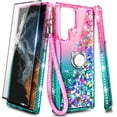 thumbnail image 6 of Compatible with Samsung Galaxy S24 Ultra Case with Tempered Glass Screen Protector, Ring Holder/Wrist Strap, Nagebee Glitter Liquid Floating Waterfall Cute Phone Cover (Pink/Aqua), 6 of 6
