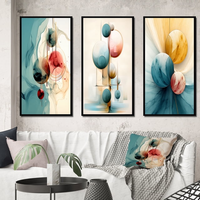 Designart "Shades of Retro Blue Circular Fusion II" Modern Geometric Framed Wall Art Set Of 3 - Blue Abstract Frame Gallery Wall Set For Home Decor