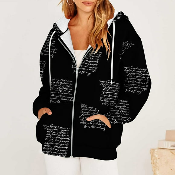 WRKEKC Women's Tech Fleece Hoodie Zip Up Modular Print Long Sleeve with Pockets All-Day Wear Streetwear Essentials Collection Black XL