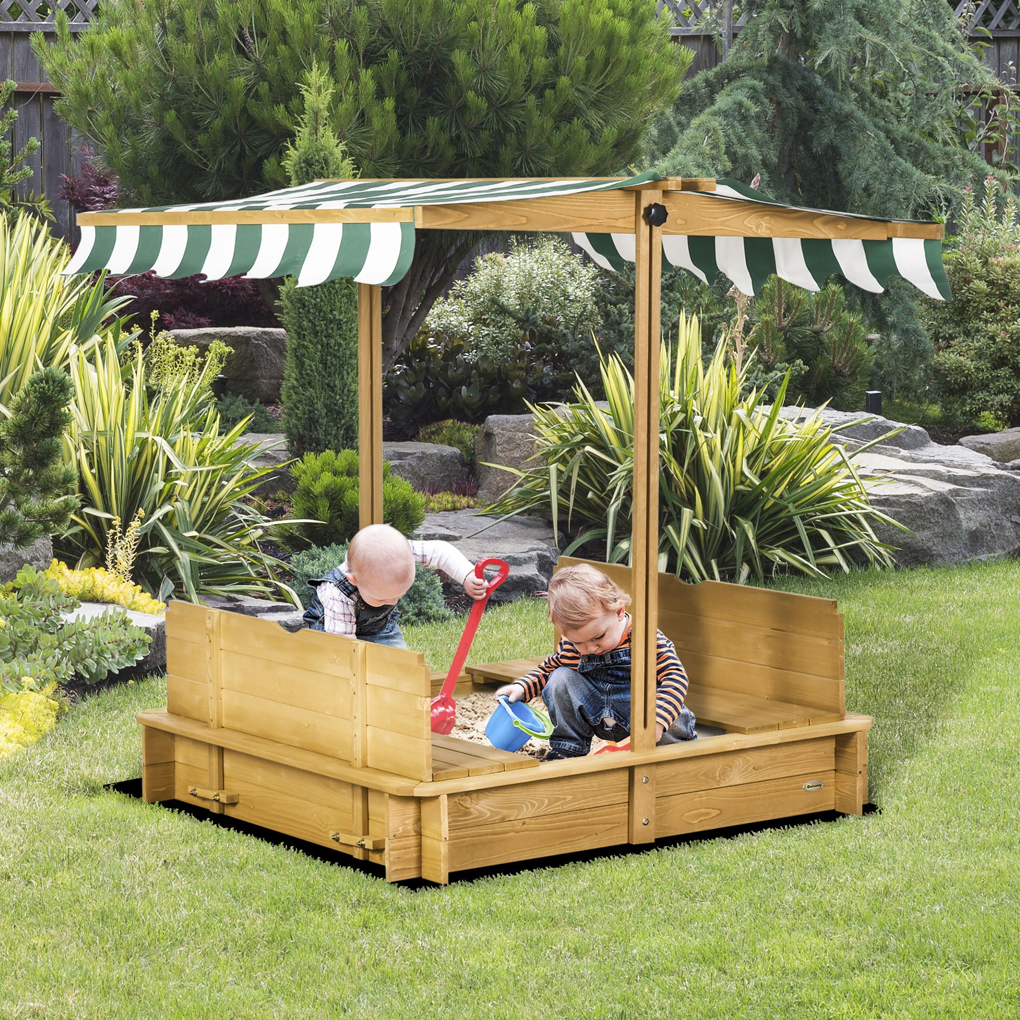 Wooden Kids Sandbox with Adjustable Canopy & Cover, Foldable Bench Seats with Backrest, Outdoor Sand Box with Bottom Liner, Brown