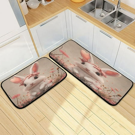 

Kitchen Floor Mat 2 Sets Carpet Floor Mat Kitchen Mat Bathroom Mat Living Room Mat Bedroom Mat Absorbent Delicate Fabric No Ball Flower Pink Cartoon Rabbit
