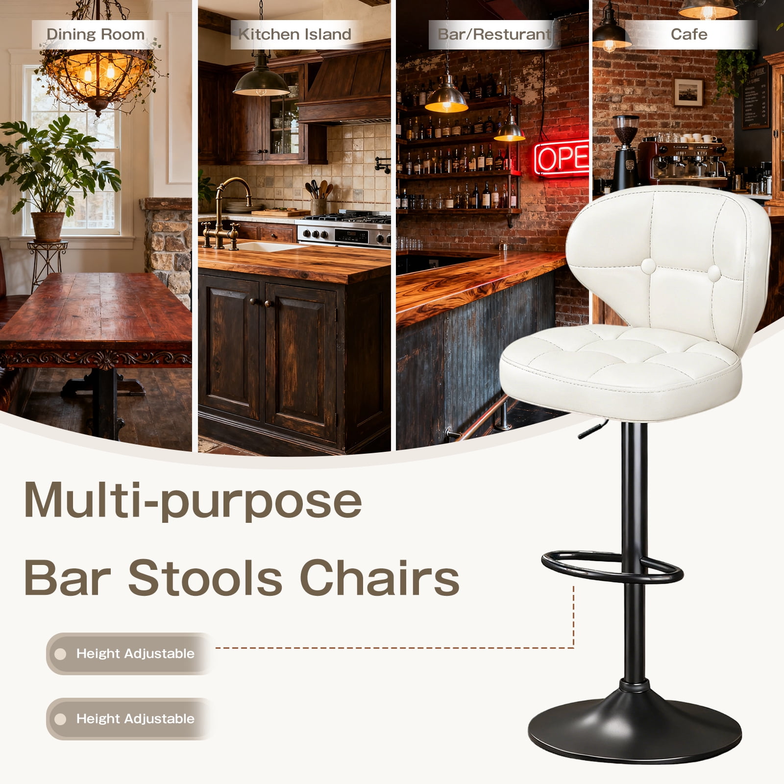 Bar Stools Set of 2, Adjustable Swivel Bar Chairs with 360° Rotation, Padded Counter Stools with Back and Footrest for Kitchen Island, Bistro, Cafe, and Home Use