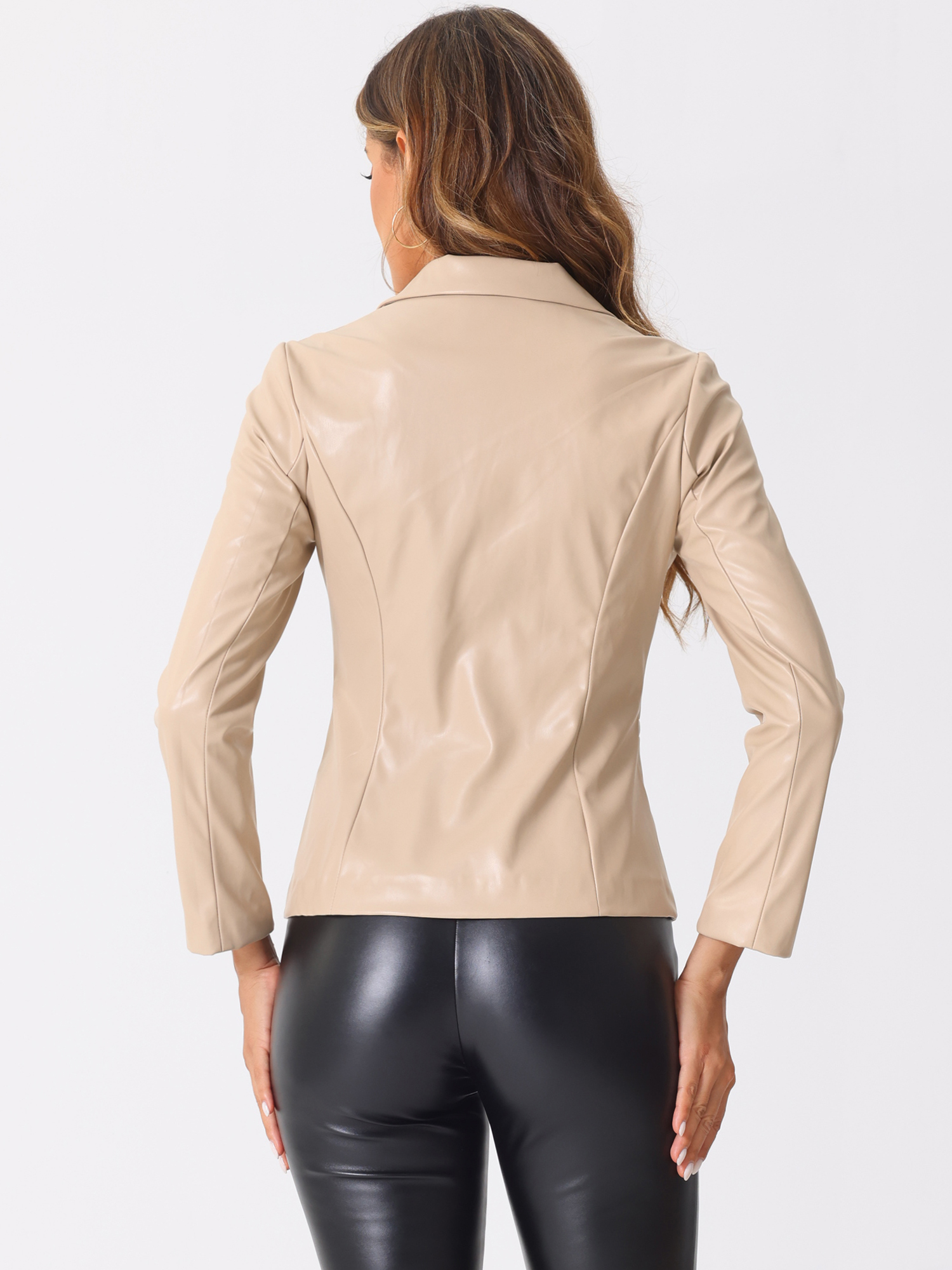 DARING DIVA Women's Faux Leather Notched Lapel Casual Jacket XL Beige