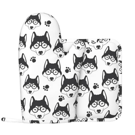 

Oven Mitts and Pot Holders Sets Cute Glasses Husky Funny Non-Slip Silicone Oven Gloves Potholders Cotton Lining Heat Resistant Gloves Hot Pads for Kitchen Cooking Baking