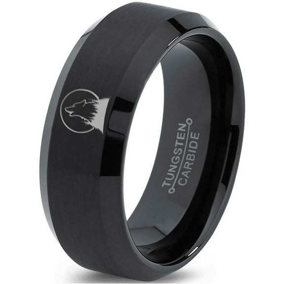 Tungsten Howl At The Moon Wolf Wild Soul Band Ring 8mm Men Women Comfort Fit Black Beveled Edge Brushed Polished