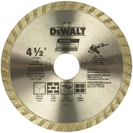 DEWALT DW4725 High Performance 4-1/2-Inch Dry Cutting Continuous Rim Diamond Saw Blade with 7/8-Inch Arbor for Masonry