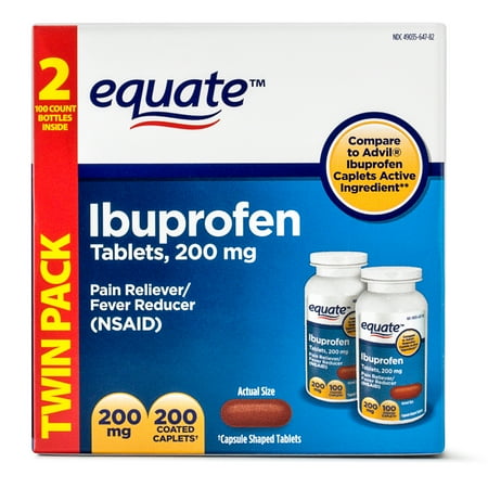 Equate Pain Relief Ibuprofen Coated Caplets, 200 mg, 100 Ct, 2 Pk
