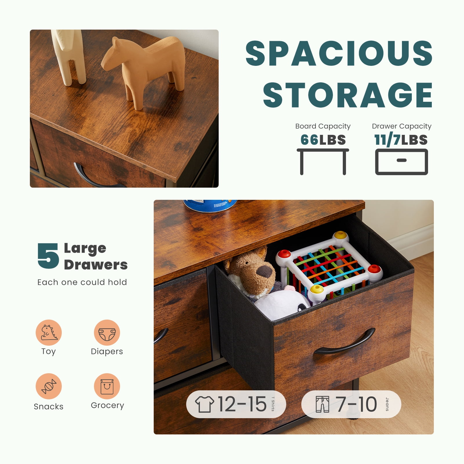 MAYEERTY 7-Drawer Fabric Storage Tower, Versatile Organizer with Wood Top for Bedroom, Living Room, Gray