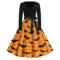 thumbnail image 2 of Halloween Dresses for Women Spider Hepburn Long Sleeve Classic Swing Dress Pumpkin Cocktail V-Neck Casual Dresses with Belt 2XL, 2 of 5