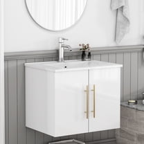 Censi 24-Inch Wall-Mounted Bathroom Vanity Cabinet with Sink Combo, 2 Doors with Soft Close Hinges, Ceramic Basin, High-glossy White Finish
