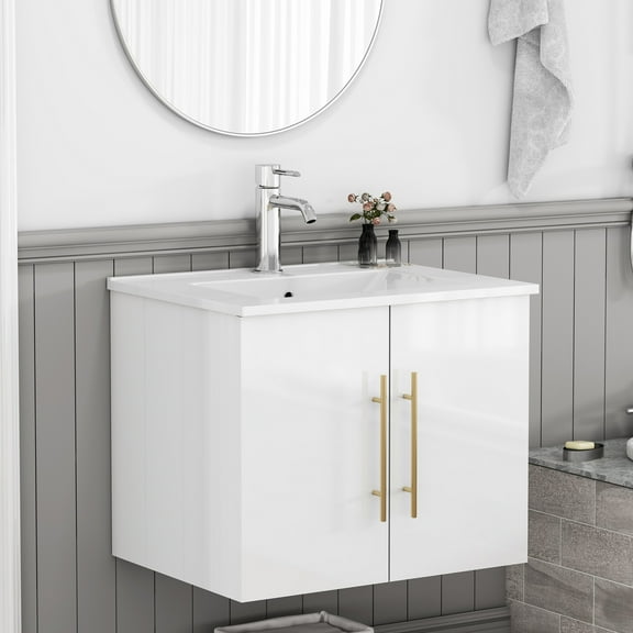 Censi 24-Inch Wall-Mounted Bathroom Vanity Cabinet with Sink Combo, 2 Doors with Soft Close Hinges, Ceramic Basin, High-glossy White Finish