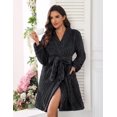 thumbnail image 3 of Ekouaer Black Bathrobe for Women Fleece Plush Robes Knee Length Warm Ladies Sleep Robe Jacquard Sleepwear with Pockets, 3 of 6