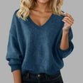 thumbnail image 2 of Essentials Women's Sweater Solid Long Sleeve V Neck Fuzzy Knitted Casual Jumper Top Navy, 2 of 4