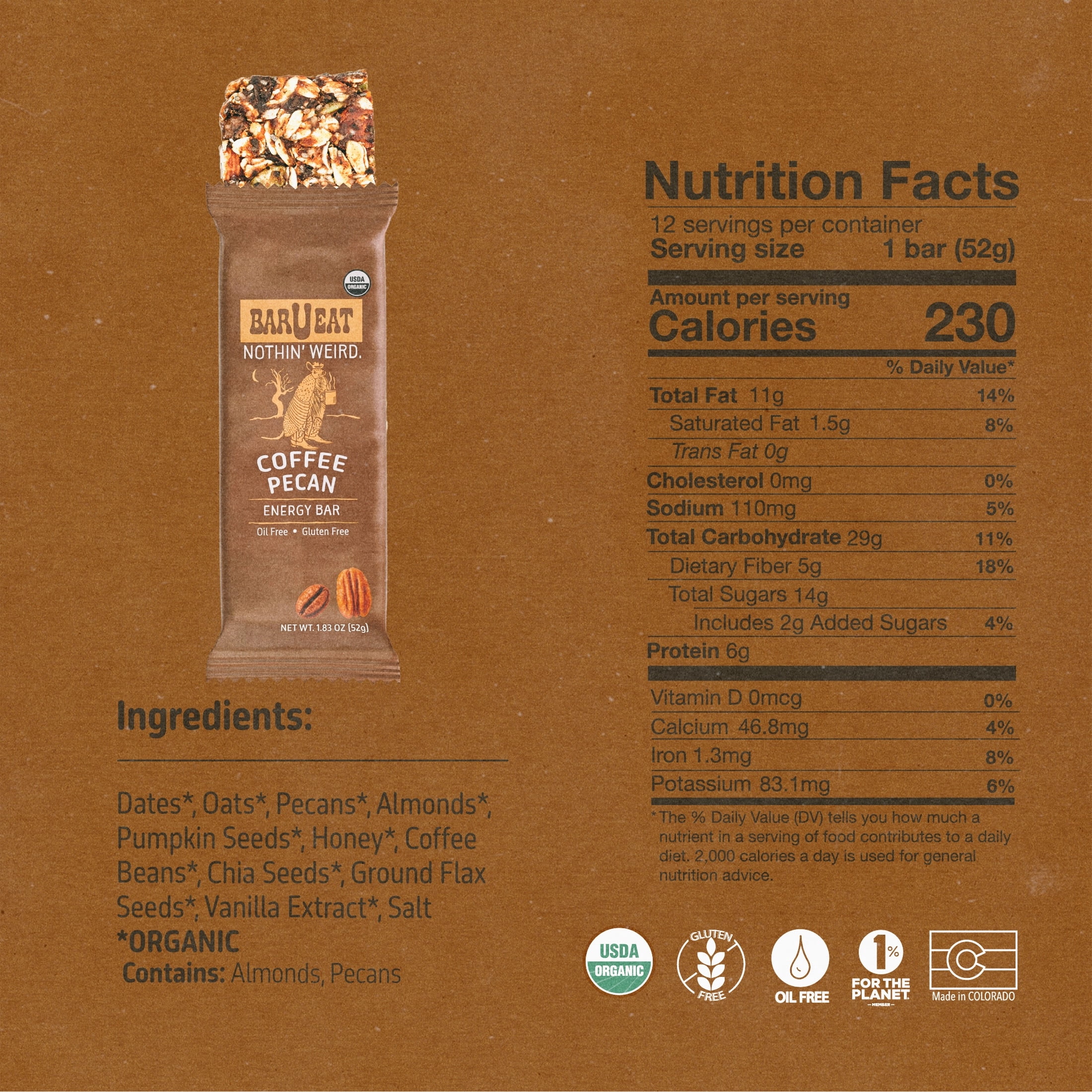 BAR-U-EAT Gluten-Free, Organic, Soft & Chewy Energy Bar. Whole Food Ingredients | Compostable Packaging | No Artificial Sugar | Healthy Snacks (Coffee Pecan 12 Pack)