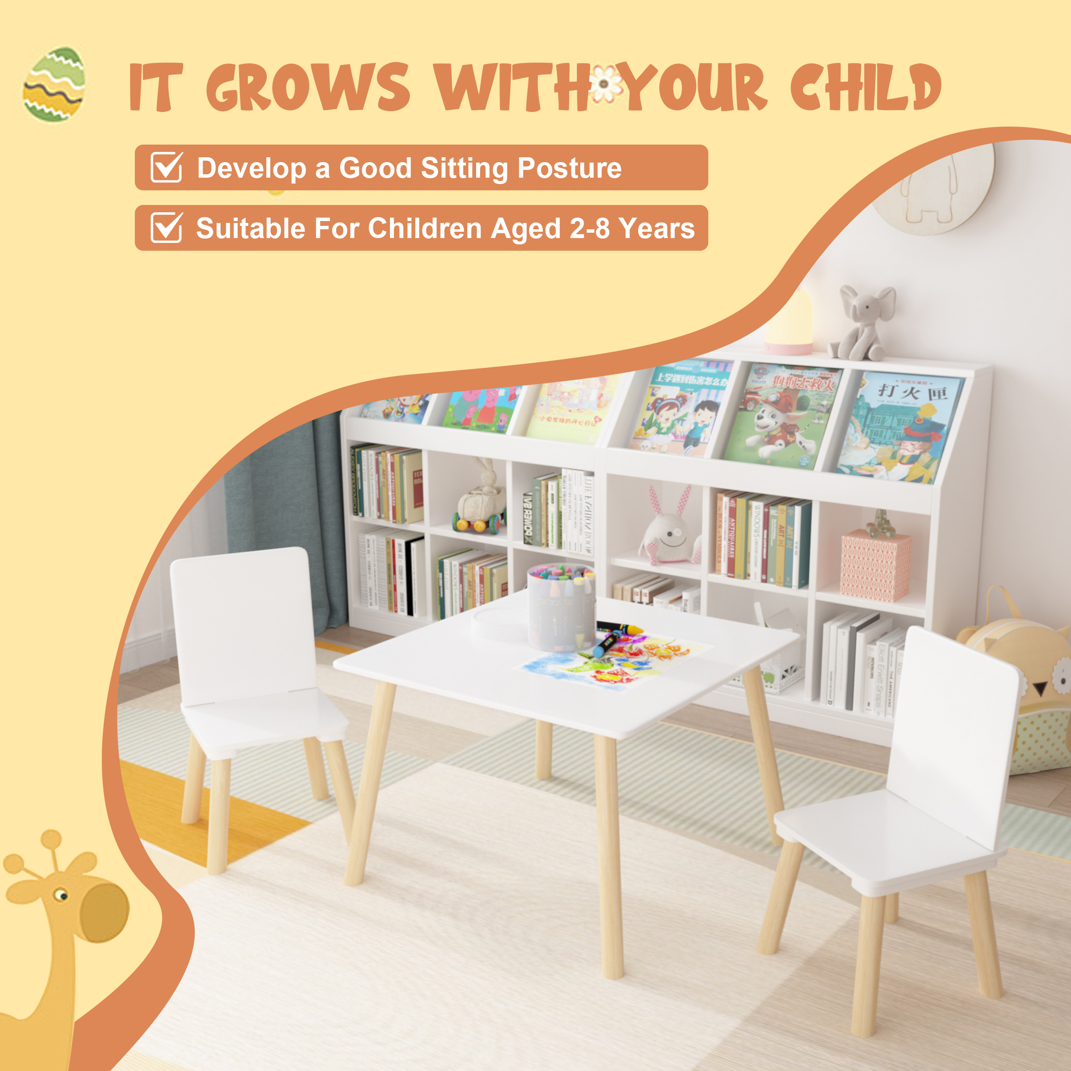 Aukfa Kids Table and Chairs Set, Wooden Play Table with 2 Chairs for Toddlers, Girls, Boys