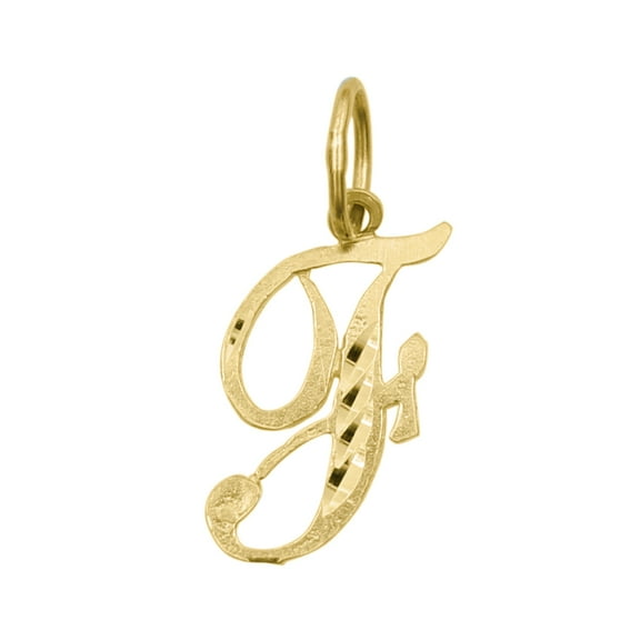 Precious Stars 14K Yellow Gold Diamond-cut Cursive Letter Unisex Initial 'F' Pendant - No Chain, Pendant Only