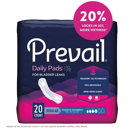 Prevail Daily Pads for Bladder Leaks, Disposable, Moderate Absorbency, Regular, 20 Count, 2 Pack