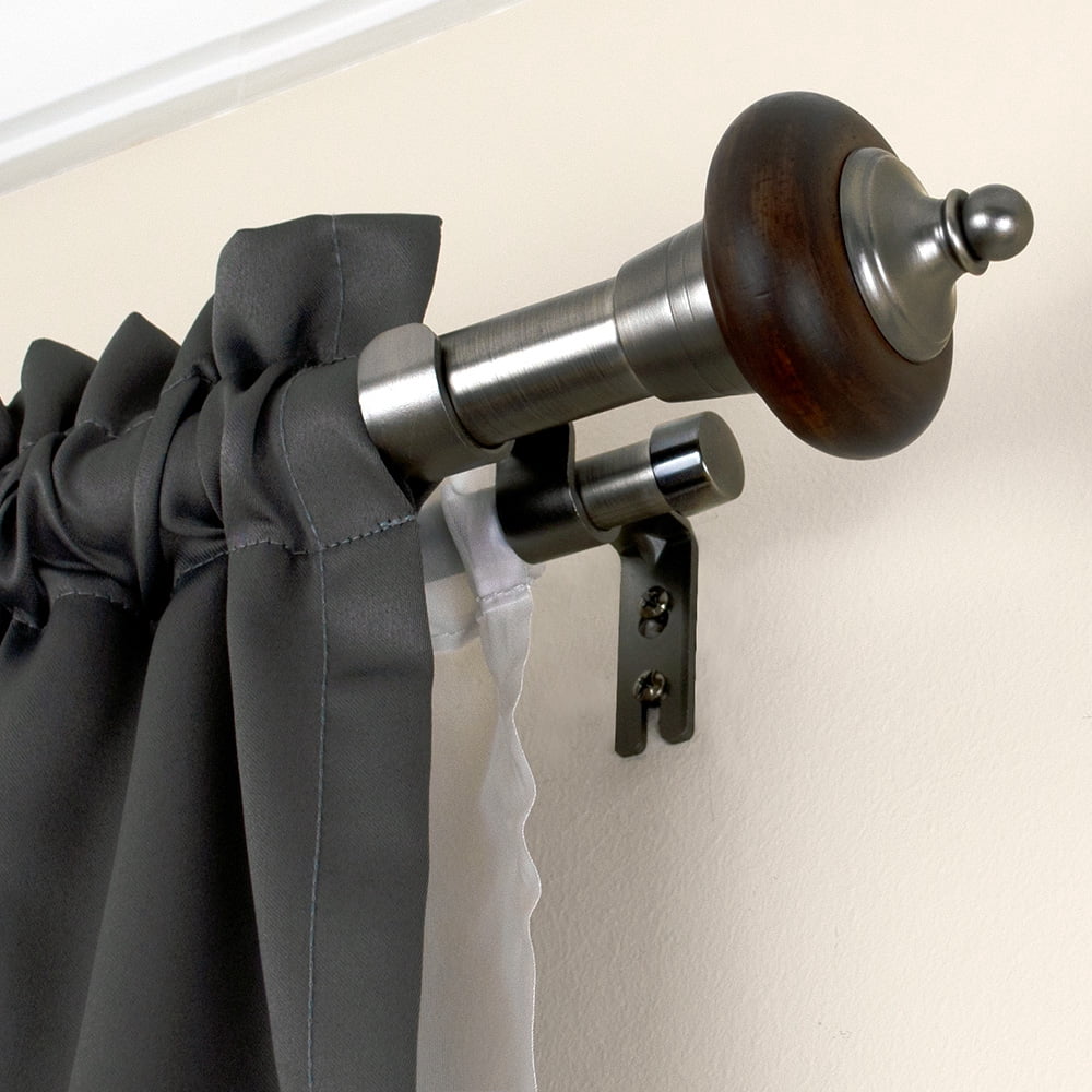 Lumino 1" and 5/8" Plated Pewter/Espresso Pratt Knob Adjustable Double Curtain Rod Set, 42"-120"