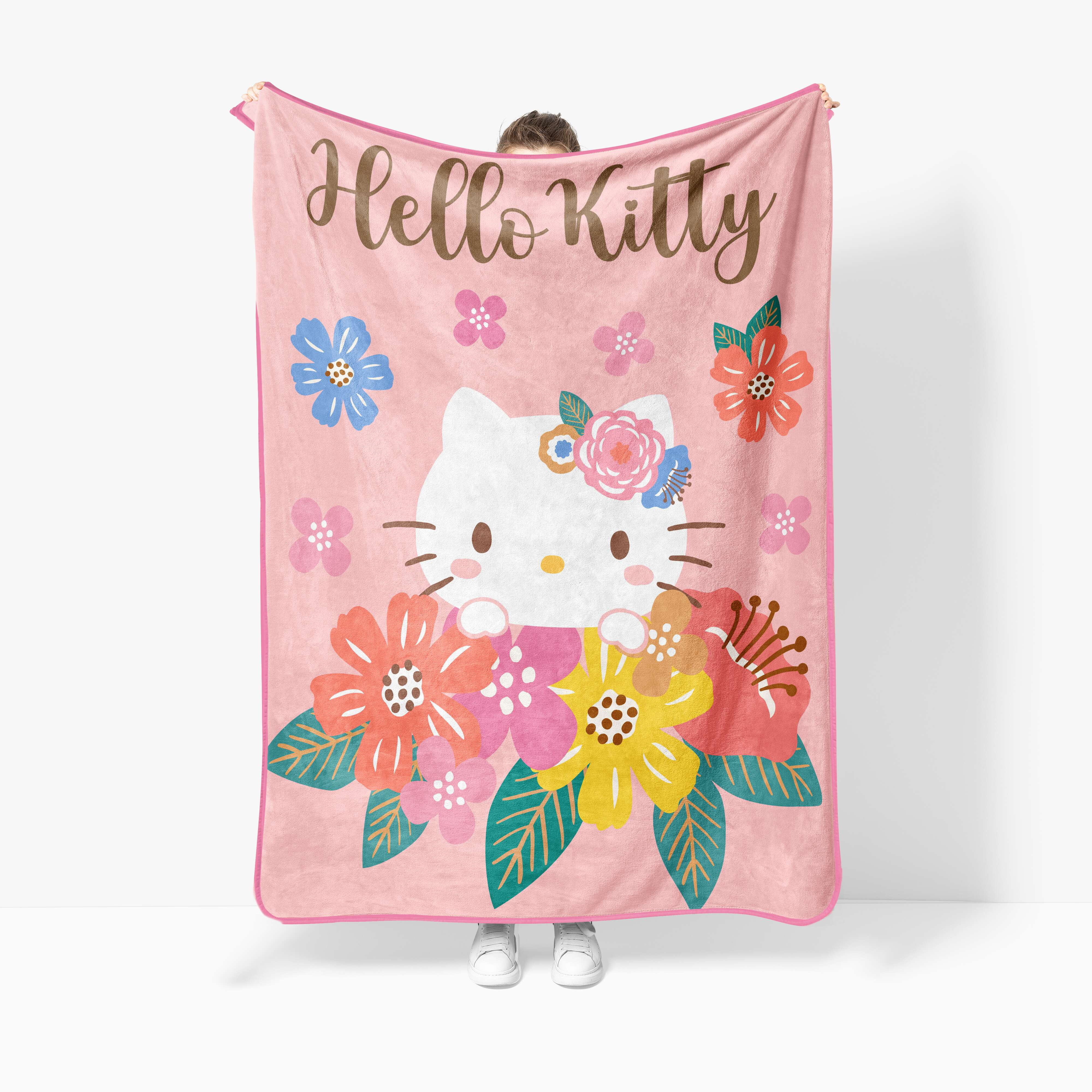 Sanrio Hello Kitty Floral Grace 46 x 60 Coral Fleece Kids Throw Blanket - Soft Bedding Accessories