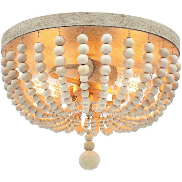 Jinsinto Wood Bead Chandeliers for Farmhouses, Bohemian Chandeliers, Rural Double Chandeliers, Semi Flush Mount Chandeliers for Girls Bedrooms in Living Room Entryway, Nurseries, Oak