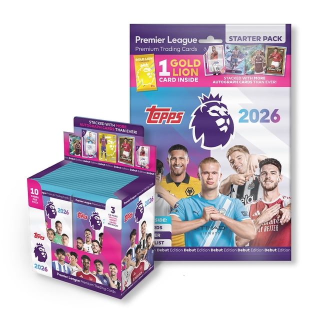 2025-26 Topps Premier League Debut Edition Cards - Box & Starter Pack Set (Album, 290 Cards + Gold Lion Card)