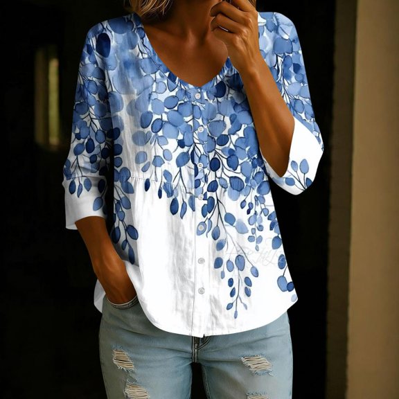 Bxsruta Women's V Neck Button Down Blouse 3/4 Sleeve Loose Fit Floral Print Casual Summer Top