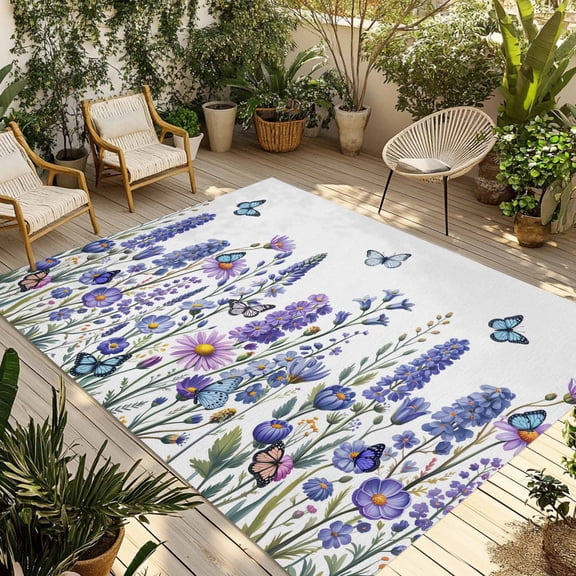 Purple Floral Outdoor Rug for Patio/Deck/Porch, Non-Slip Large Area Rug 6 x 9 Ft, Spring Lavender Daisy Butterflies Botanical Indoor Outdoor Rugs Washable Area Rugs, Camping Rug Carpet Runner