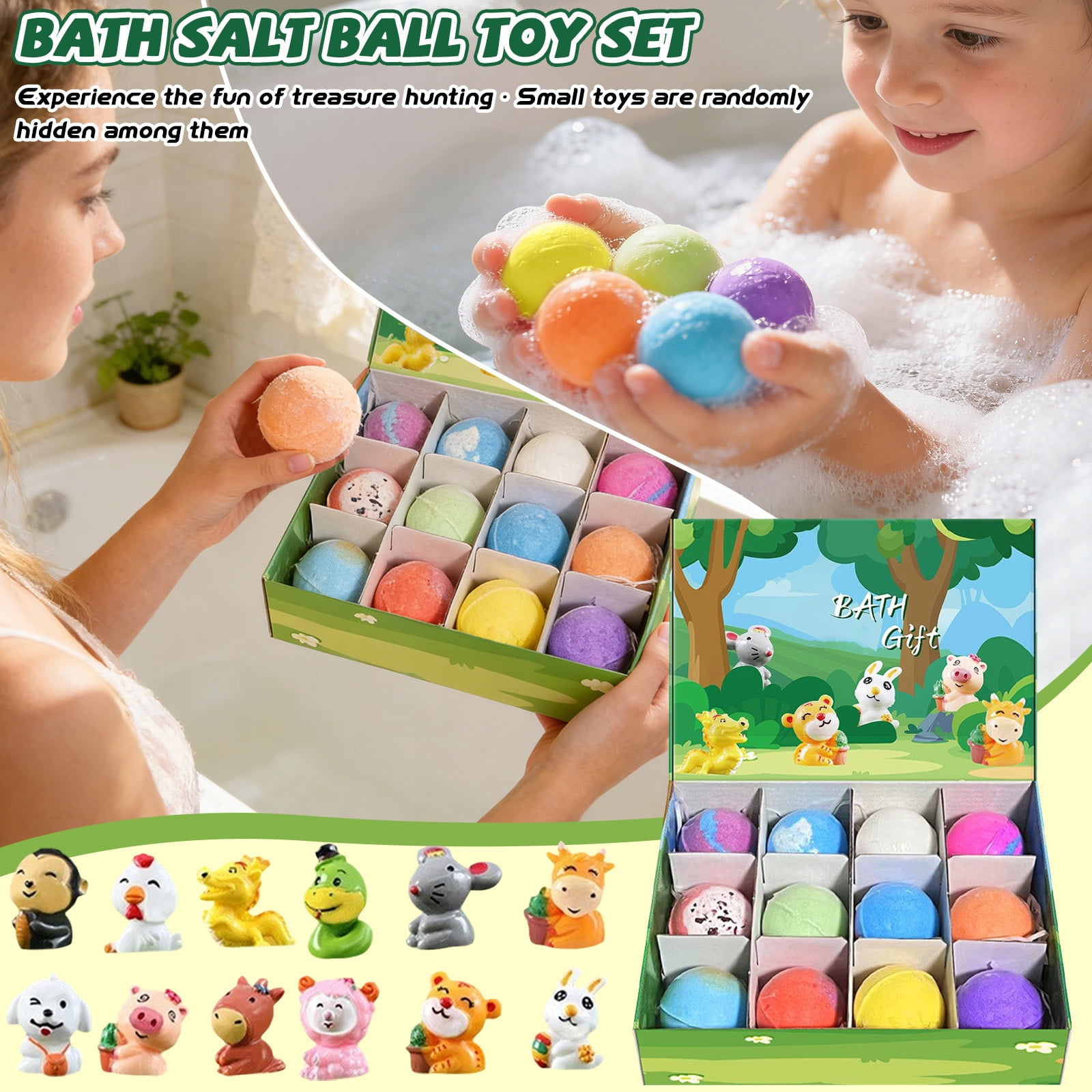 Bath Balls for Student with Toys Inside, 2 Oz Each, 12 Pc, Chinese Animal Figurines, Foaming Bath, Gift Set, Multi-Color, 1 Set