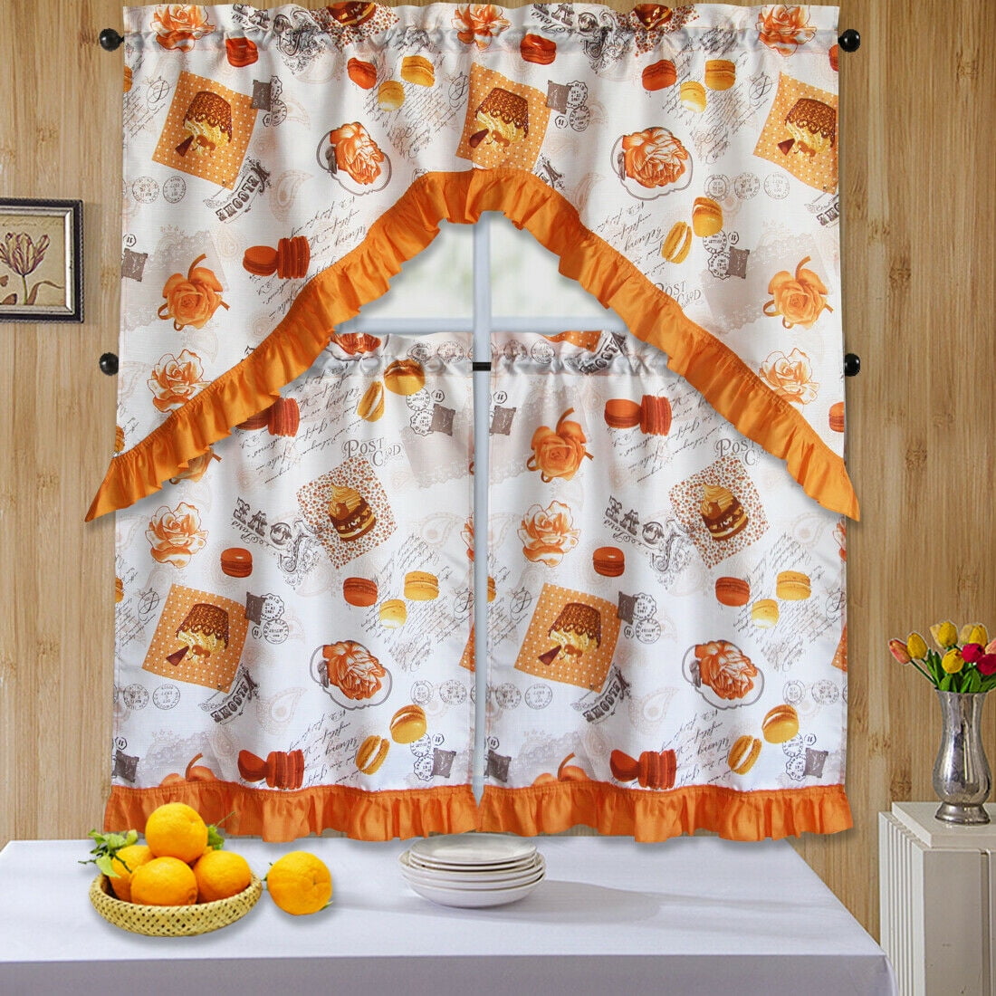3 PC Kitchen Curtain Swag Set, Fruit Floral Rooster Printed Design Window Panels - Picture 12 of 62