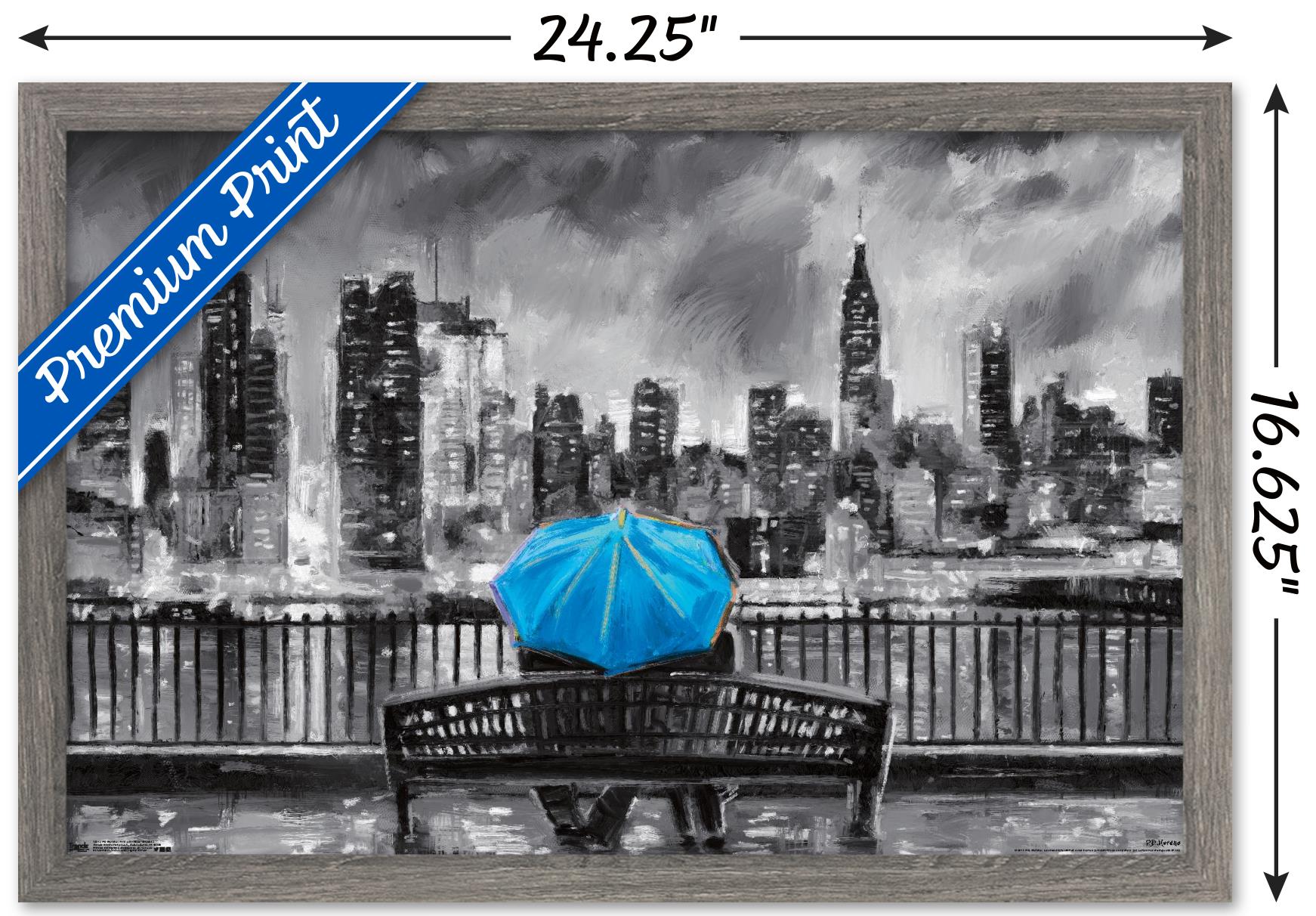 PD Moreno - Fine Art - Blue Umbrella Wall Poster, 14.725" x 22.375" Framed