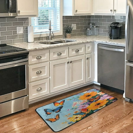 

Long Floor Mat 39x20Inch Kitchen Mat Bathroom Mat Living Room Mat Bedroom Mat Absorbent Delicate Fabric No Ball Do Not Fade Blue Flowers and Butterflies