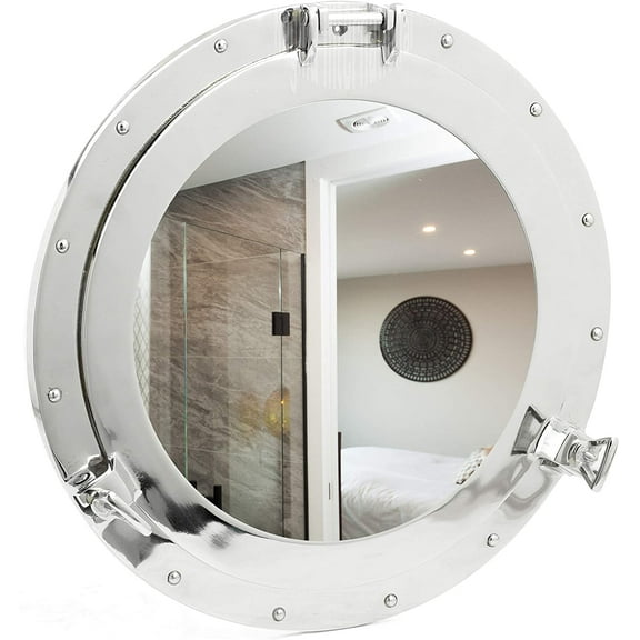 Nagina International Large Beautiful Silver Metal Mirror | Nickel Aluminum Porthole Wall Hanging Mirror | Nautical Pirate's Antique Decor | Maritime Gifts (18 Inches)
