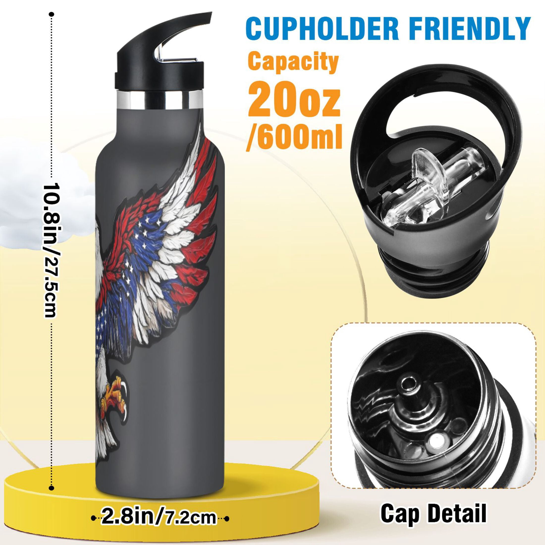 ALAZA Cool American Eagle Pattern Stainless Steel Water Bottle Vacuum Insulated Leak-Proof Tumbler with Straw Handle 20oz