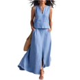thumbnail image 3 of Womens Linen Look 2 Piece Sets With Sleeveless V Neck Vest And Side Slit Maxi Skirt Featuring Functional Pockets And Solid Color Blue XL, 3 of 6