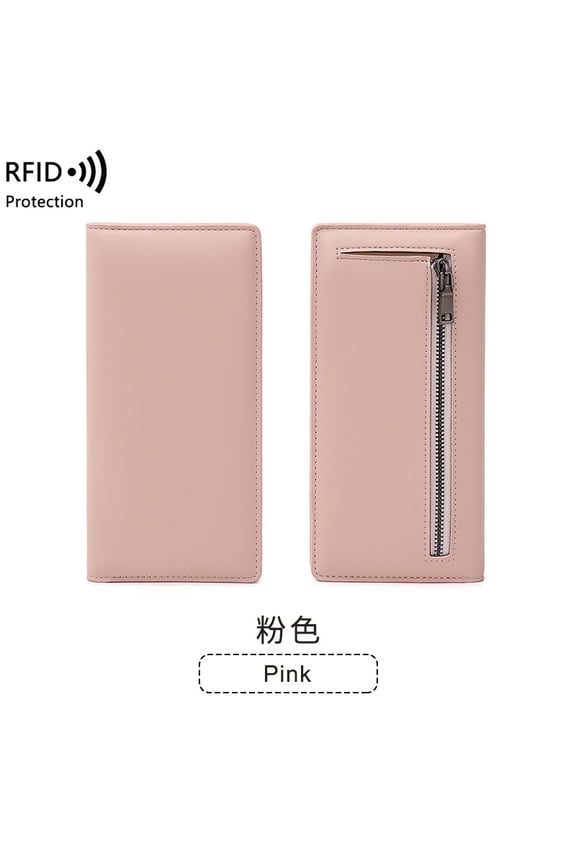 New RFID anti-scan women's wallet, PU solid color ultra-thin credit card holder with zipper and clasp, long wallet
