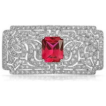 Bling Jewelry Womens Big Vintage Estate Jewelry Red CZ Rectangle Filigree Brooch Pin Silver Plated
