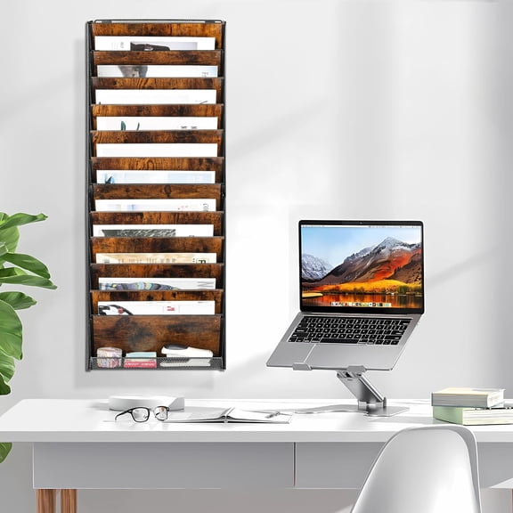 12-Tier Wall File Organizer, Wood Mail Organizer Wall Mounted Paper Document Magazine Holder, Hanging Clipboard Storage Basket with Tray for Office Home School Organization, Black/Antique
