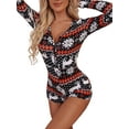 thumbnail image 2 of Women Christmas Pajamas Sexy V-neck Long Sleeve Bodycon Romper Shorts Button Playsuit Pjs Sleepwear, 2 of 5