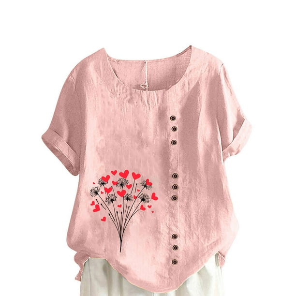 Vestidos Casuales Para Mujer, Blusas De Mujer De Moda Blusa informal de lino con cuello redondo, manga corta y botones para mujer