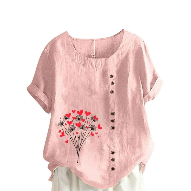 Vestidos Casuales Para Mujer, Blusas De Mujer De Moda Blusa informal de lino con cuello redondo, manga corta y botones para mujer