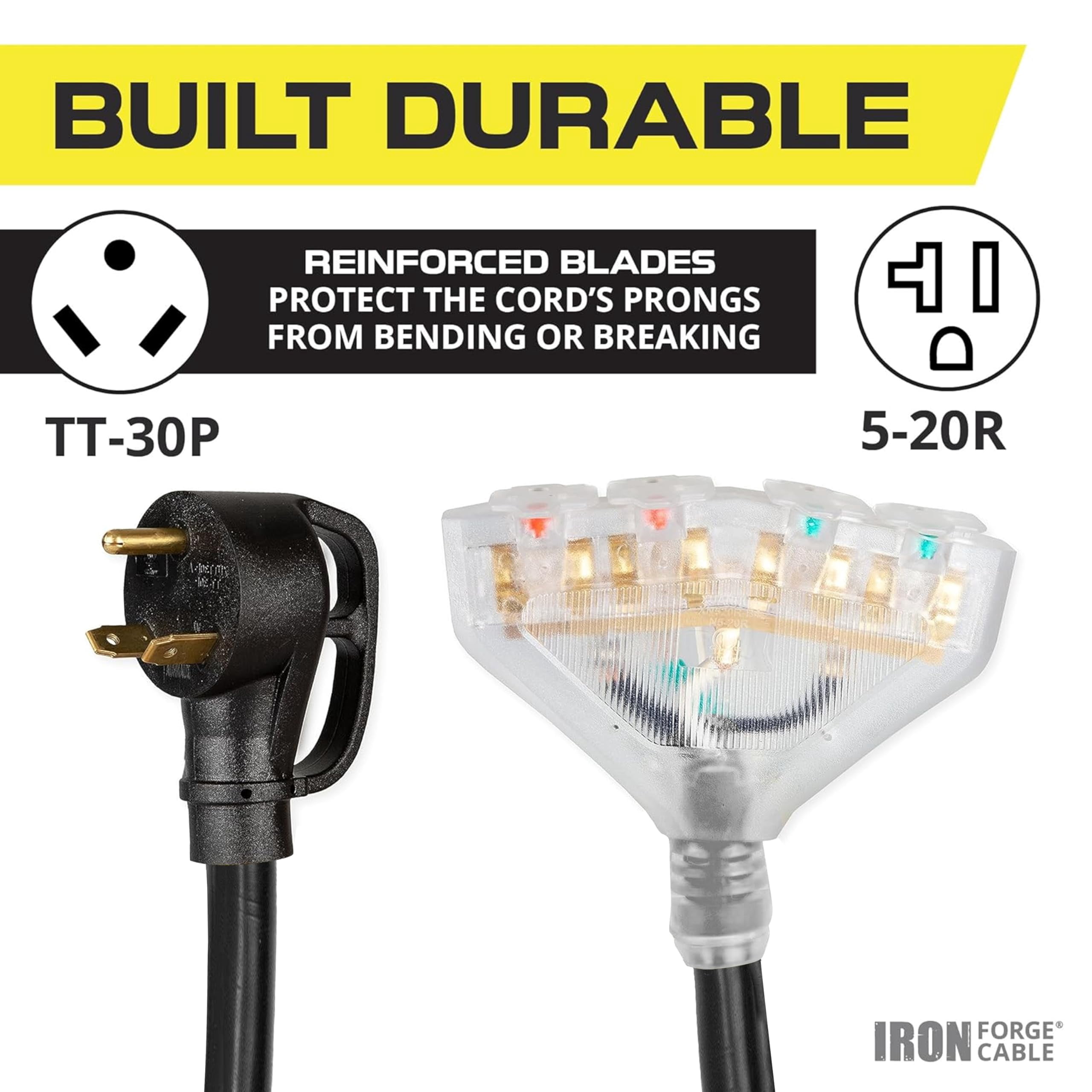 Iron Forge Cable RV Cord, Generator and RV Electrical Adapter Power Cord, TT-30P Male Plug to 4 5-20R Female, 1.5 Ft Plug Adapter - 10/3 STW Yellow