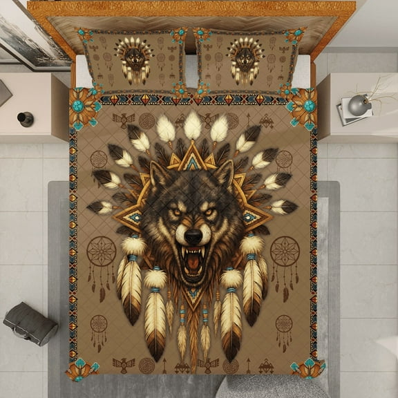 Wolf Dreamcatcher Quilt Bedding Set, Native Inspired Quilt Bed Set with Tribal Pattern, Bohemian Winter