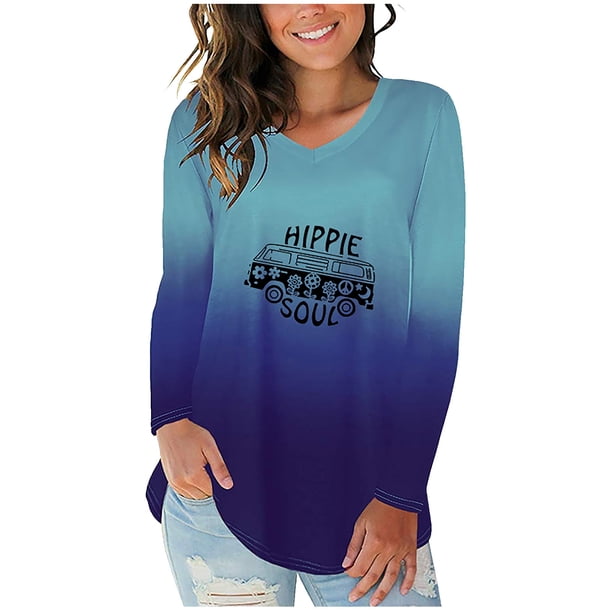 ICHUANYI Liquidación Camiseta de manga larga con cuello en V y color degradado para mujer ICHUANYI WER202308233305