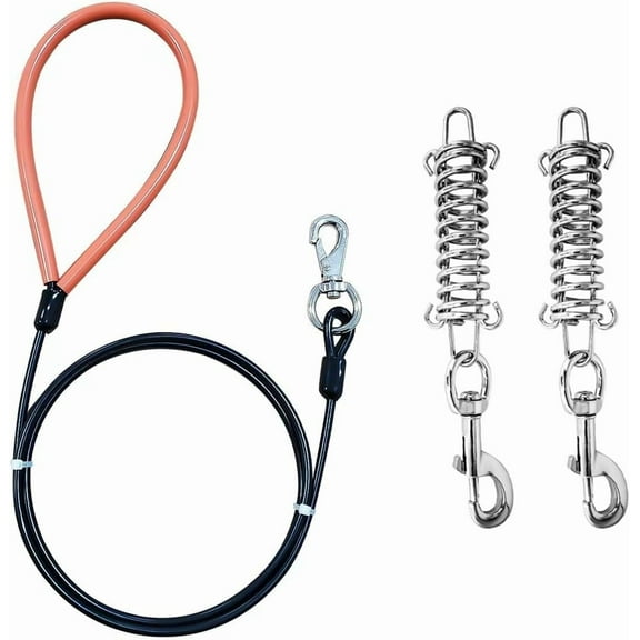 Heavy Duty Dog Leash, 5mm Coated Wire Rope, Up to 250 Pound, Metal Clips, Shock Absorbing Spring, Chew Proof