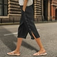 thumbnail image 2 of GEWSEY Botton Trim Capri Pants for Women Casual Striped Linen Pants Loose Fit Drawstring Trousers High Waist Cropped Trousers (Black, L), 2 of 5