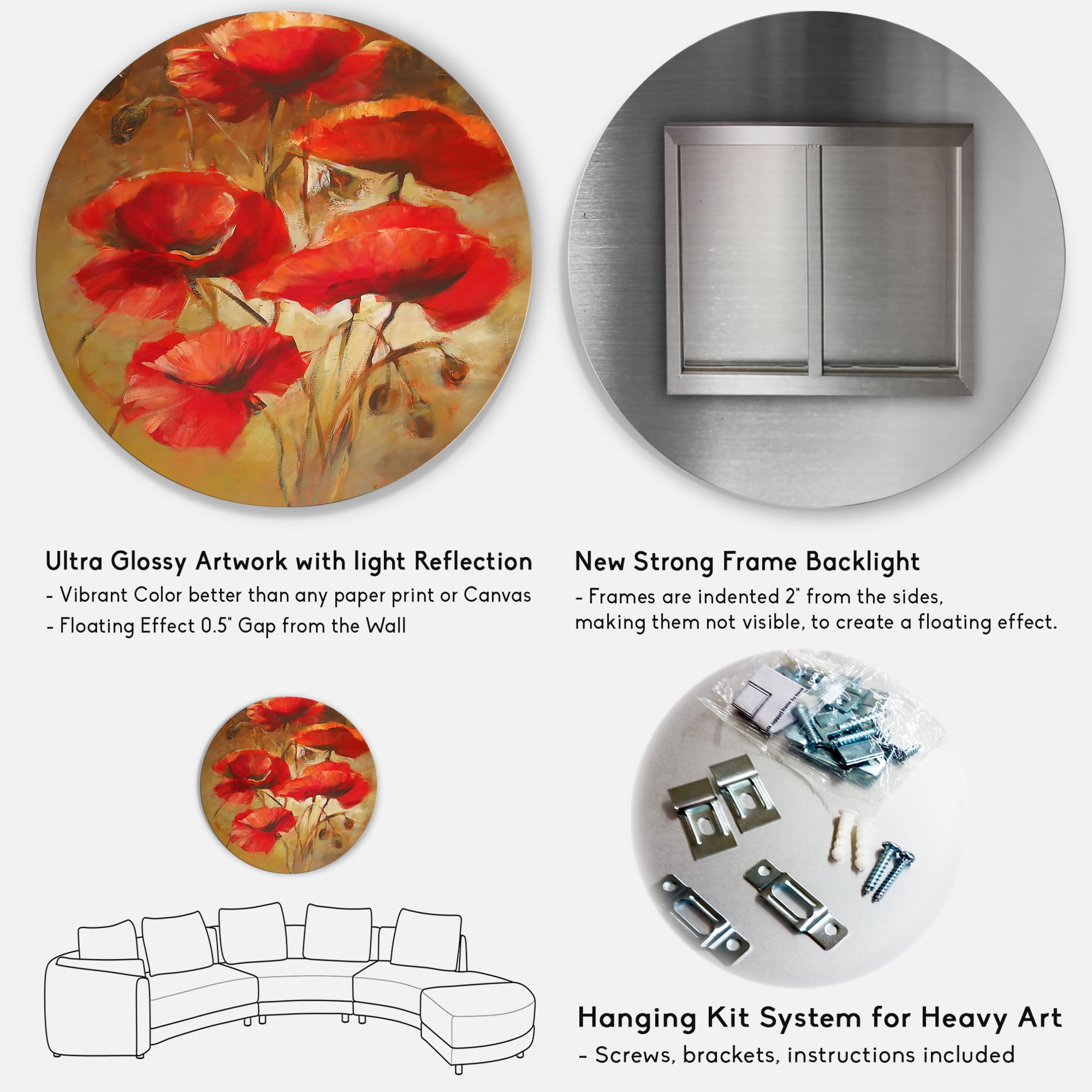 Designart 'Red Blossoming Poppies Over Wild Brown I' Traditional Circle Metal Wall Art 36x36 - Disc of 36