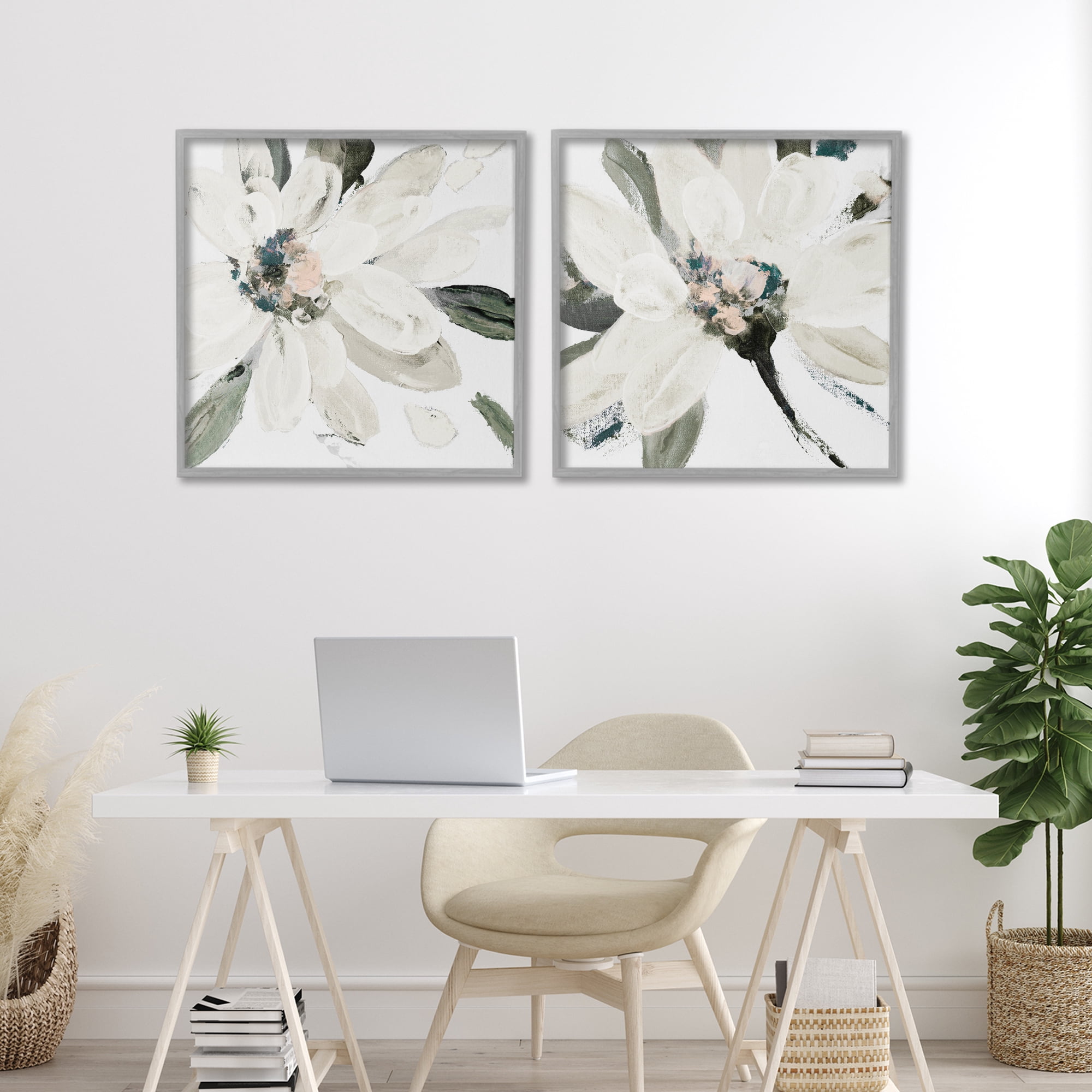 Stupell Industries Naturally Blooming White Flowers 2 Piece Gray Framed Giclee Art Set, design by Lanie Loreth
