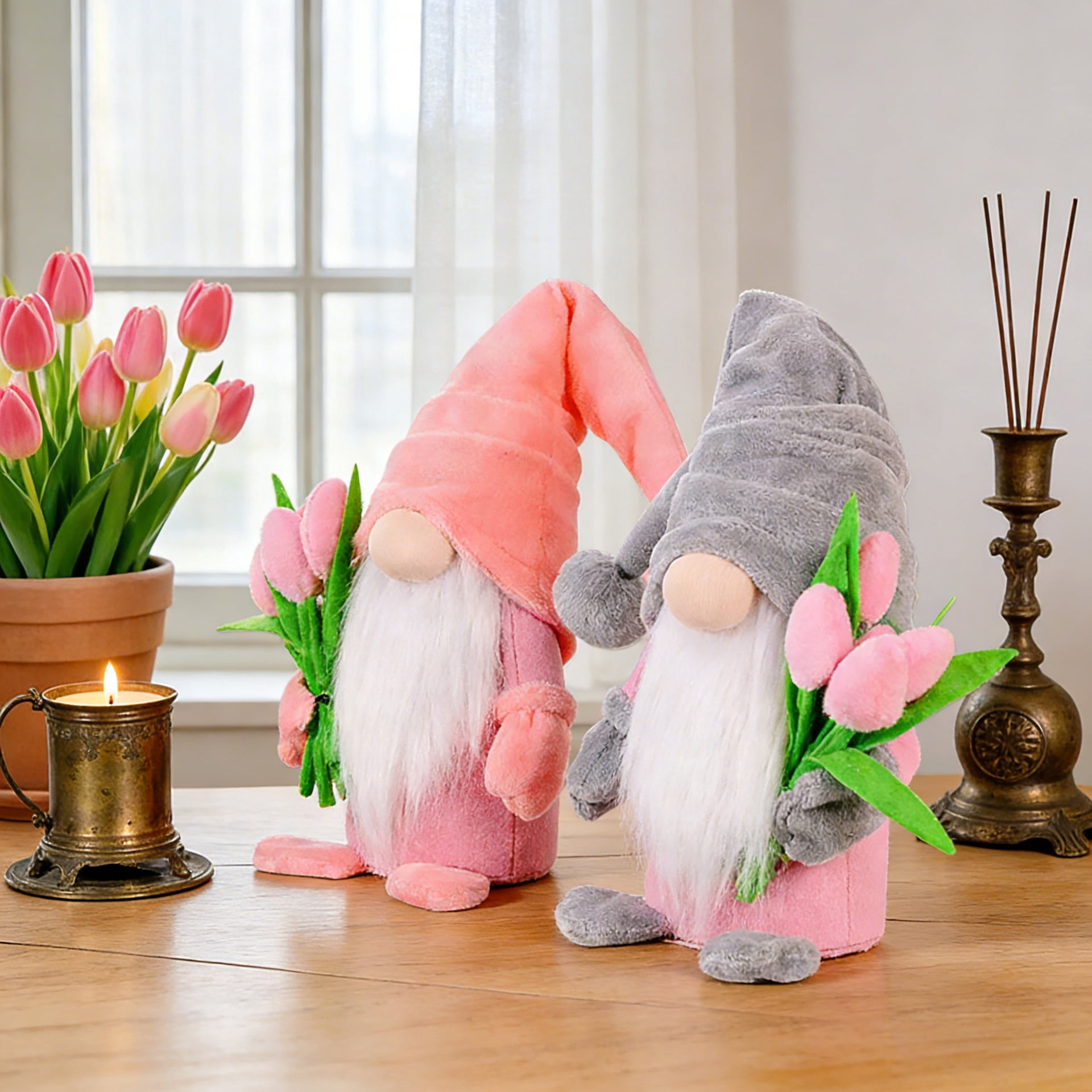 Spring Decor,2Pack 15 in Handmade Plush Gnomes with Tulip Bouquet Decorations for Home Classroom Office Shop,Mother's Day Teachers' Day Easter Gifts,Spring Gnomes Plush Table Decoration