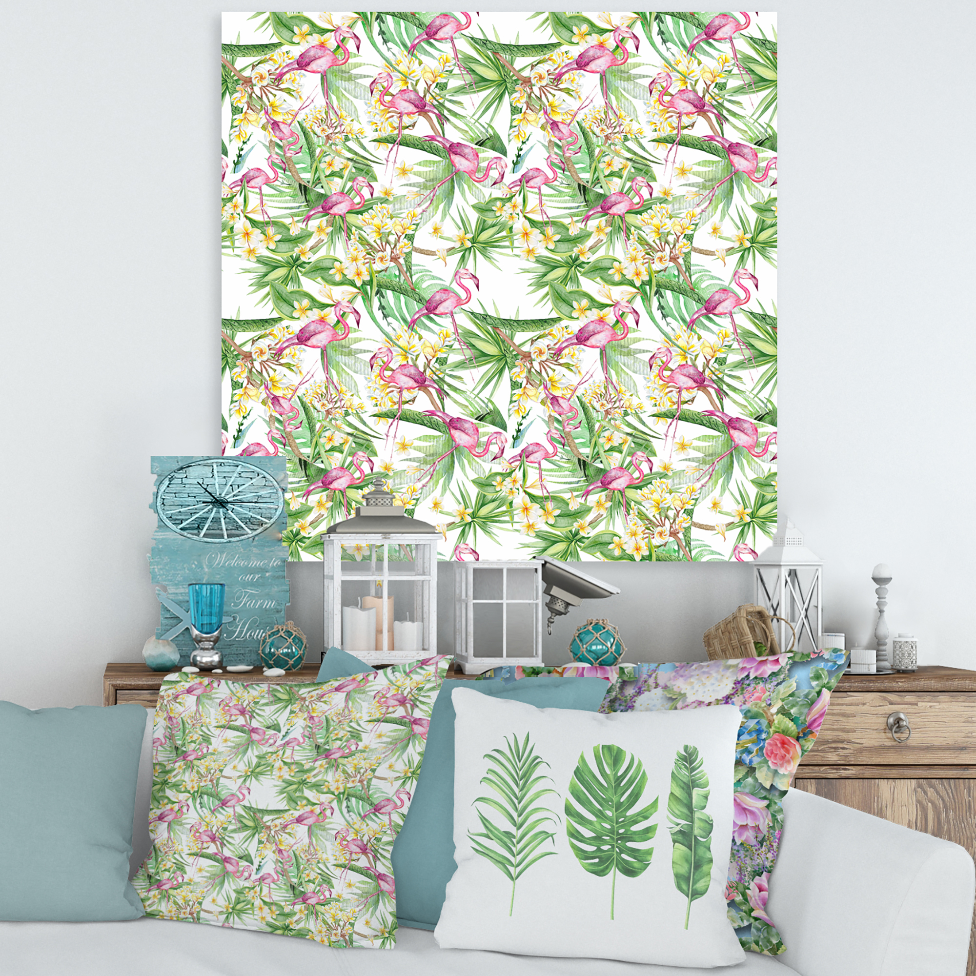 Designart ' Yellow Flowers, Tropical Foliage With Flamingo II ' Modern Canvas Wall Art Print